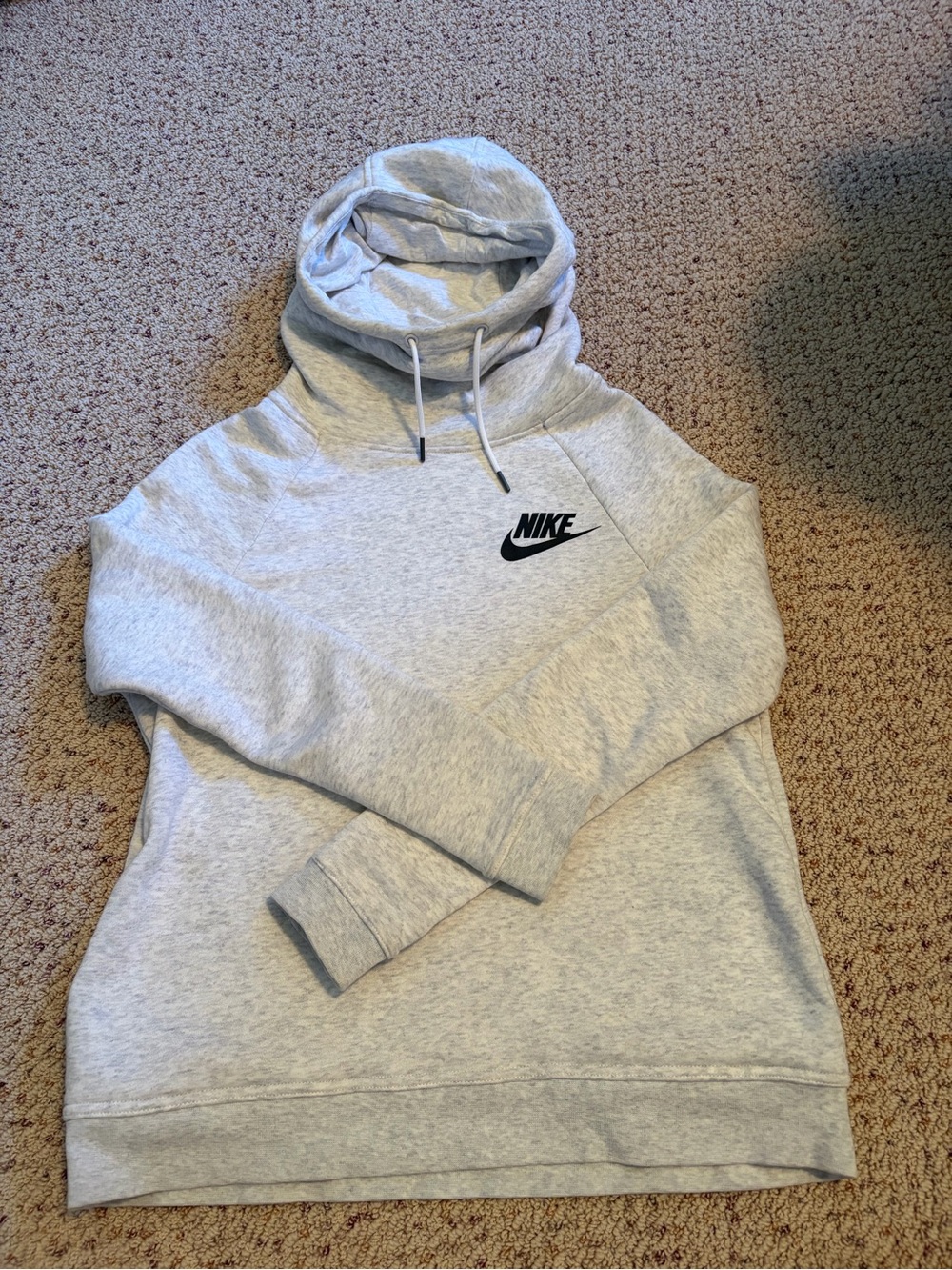 Nike Women's Light Gray Funnel Neck Hoodie with Black Swoosh